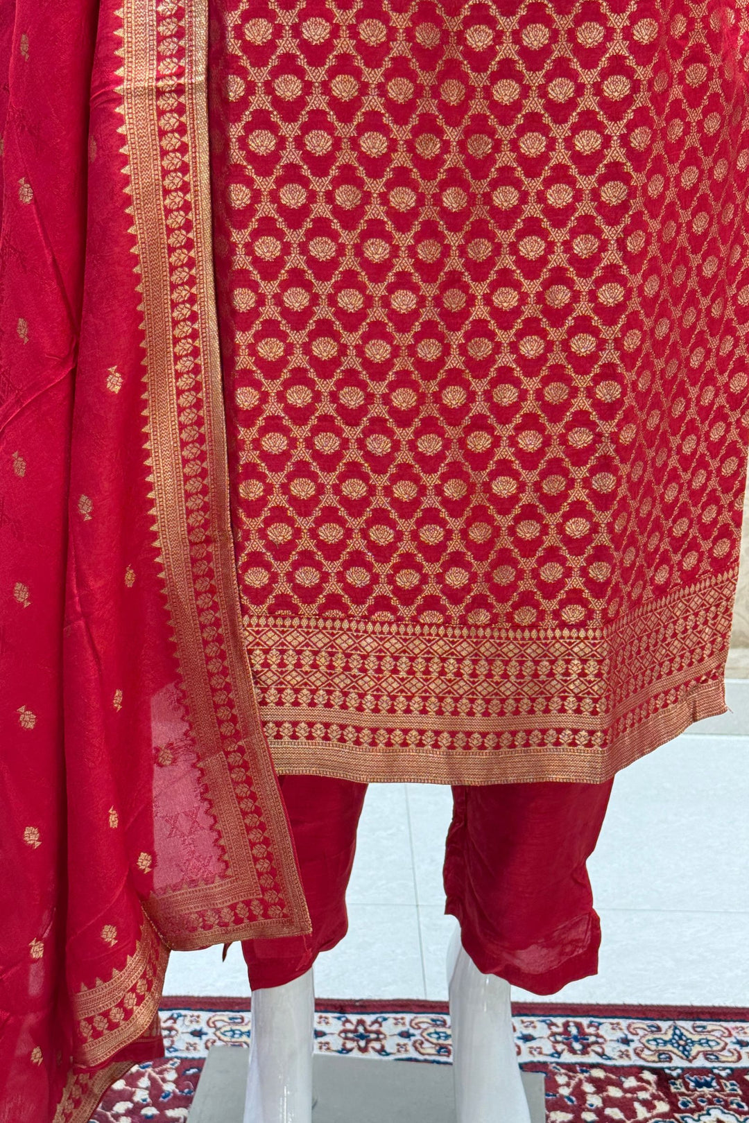 Red Banaras work V-Neck Straight Cut Salwar Suit