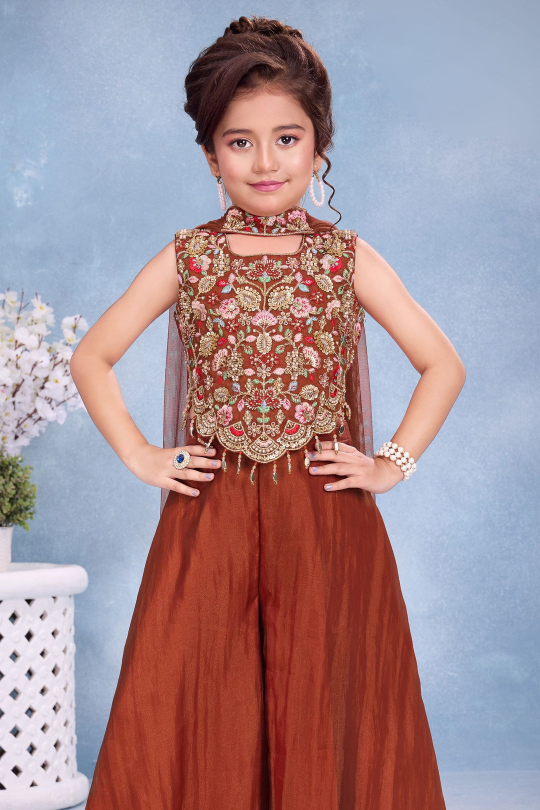 Rust Beads and Embroidery work Palazzo Suit Set for Girls