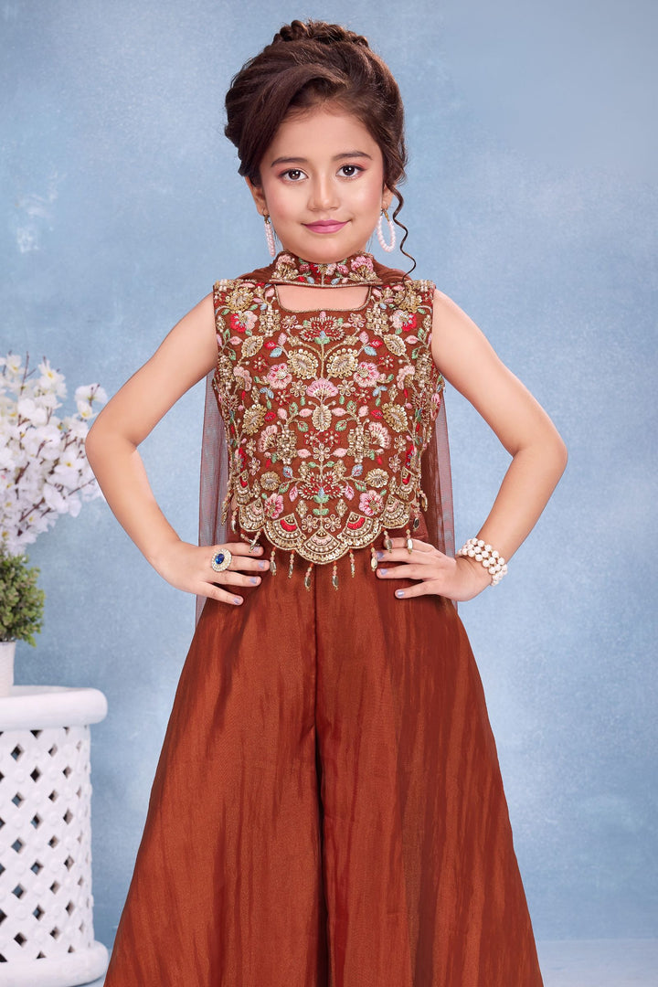 Rust Beads and Embroidery work Palazzo Suit Set for Girls