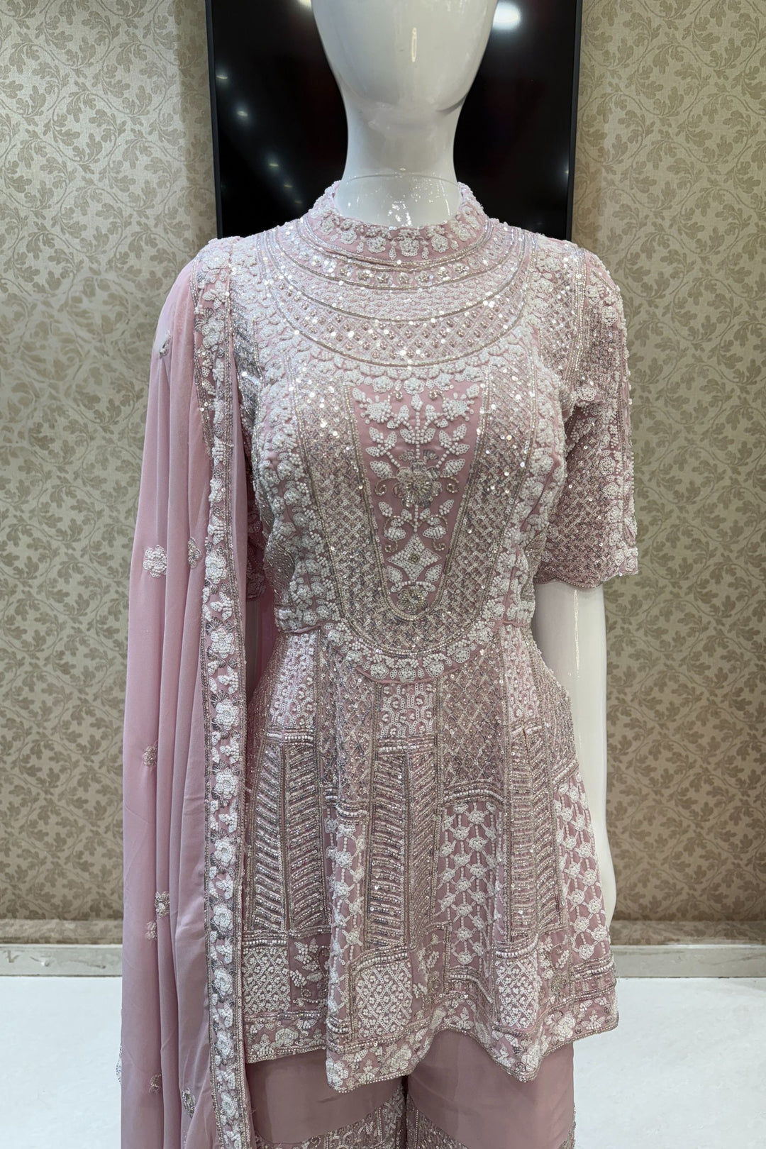 Baby Pink Sequins and Beads work Sharara Salwar Suit