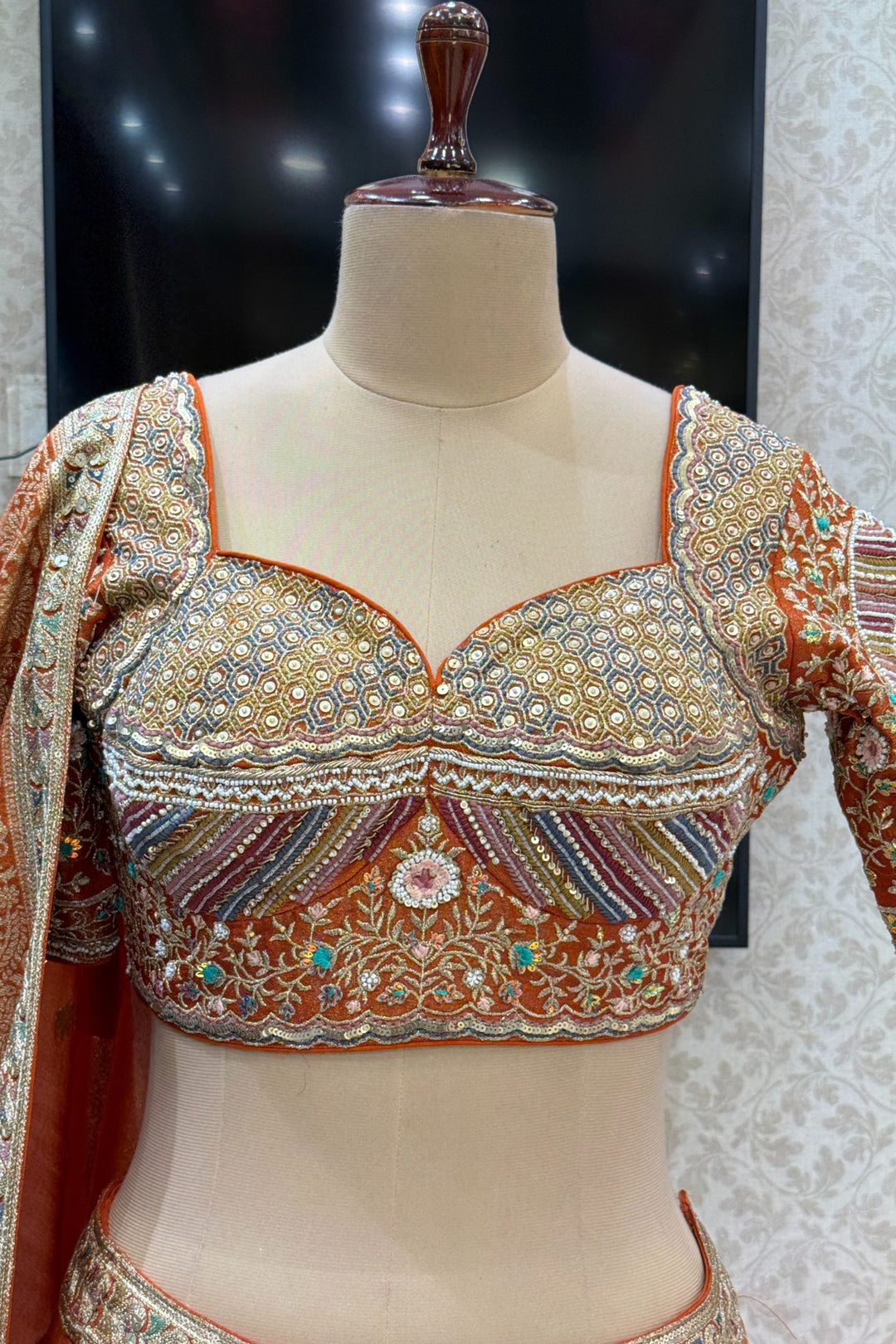 Orange Zari, Sequins, Beads and Multicolor Thread work Crop Top Lehenga