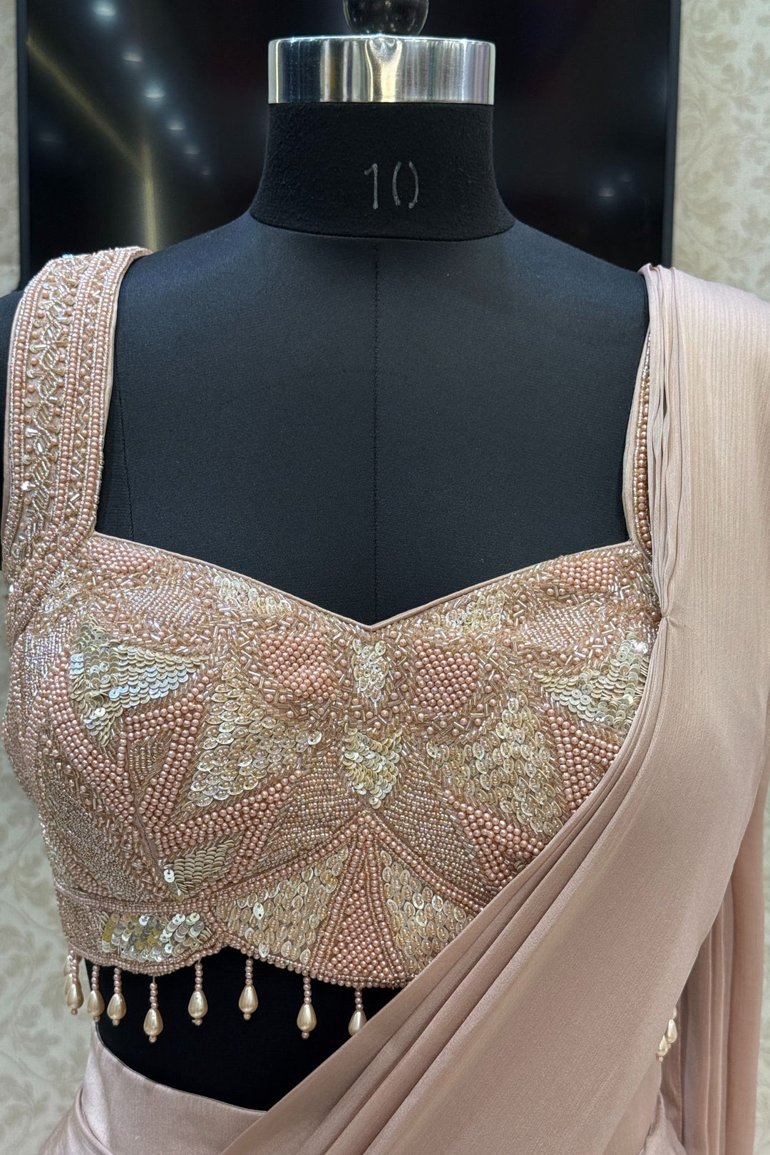 Beige Readymade Saree with Beads, Sequins and Pearl work Readymade Blouse