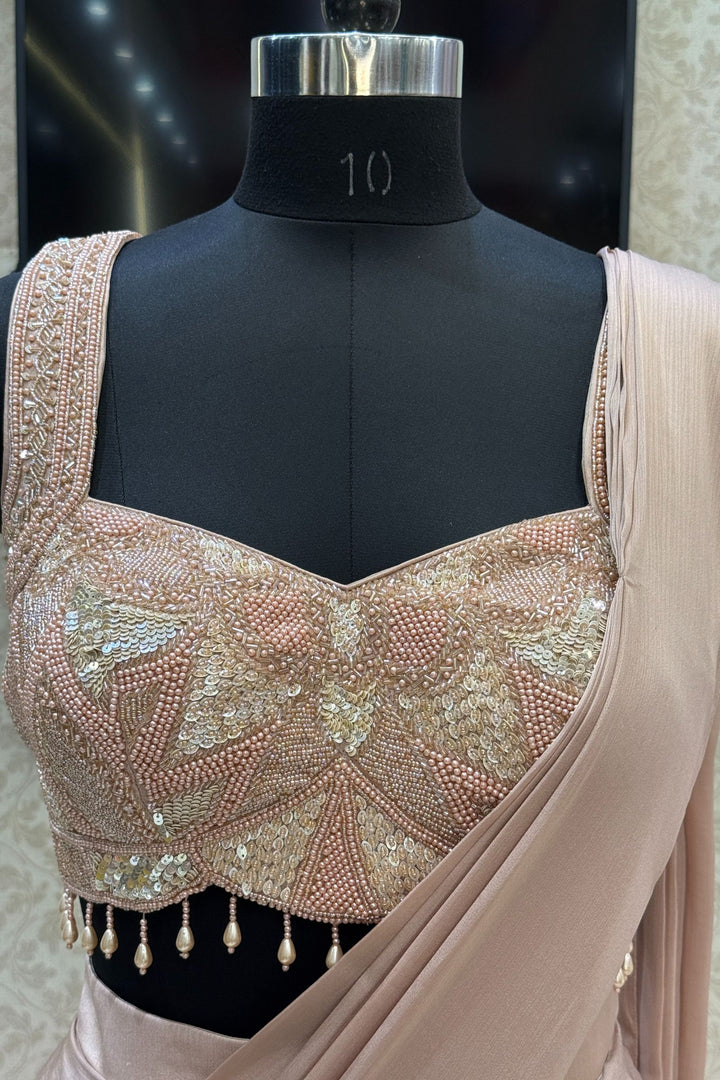 Beige Readymade Saree with Beads, Sequins and Pearl work Readymade Blouse