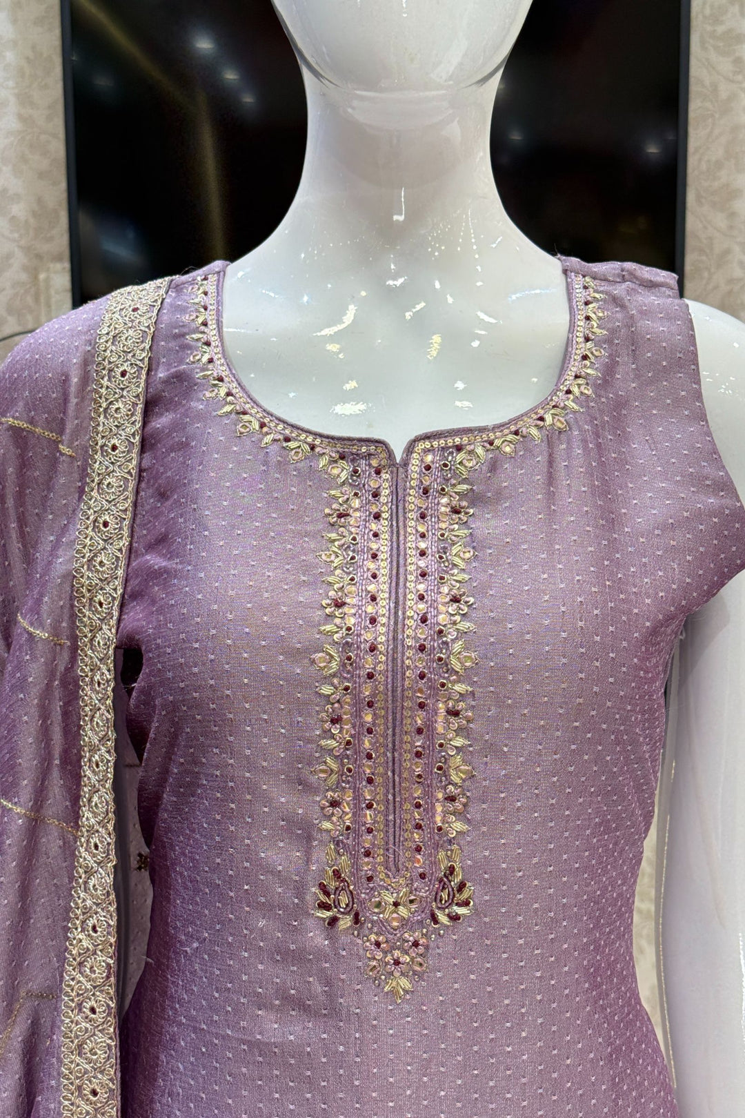 Lilac Mirror, Sequins, Zardozi and Beads work Straight Cut Salwar Suit