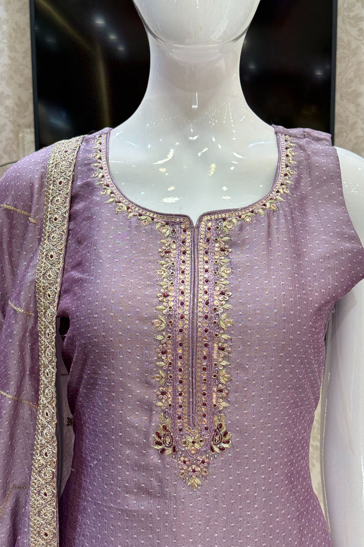 Lilac Mirror, Sequins, Zardozi and Beads work Straight Cut Salwar Suit