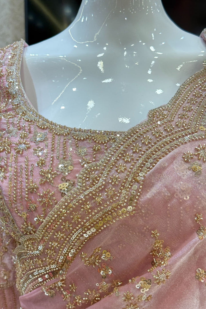 Rose Pink Zari, Beads and Sequins work Saree