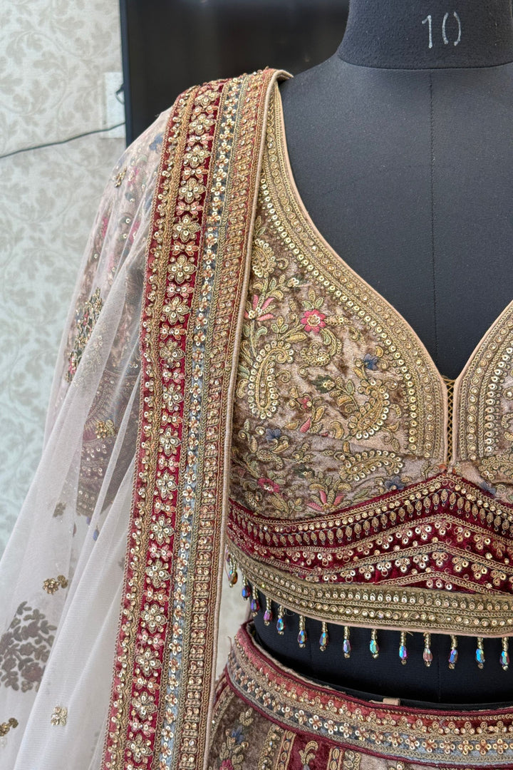 Maroon with Chiku Sequins, Beads, Zari and Stone work Crop Top Designer Bridal Lehenga