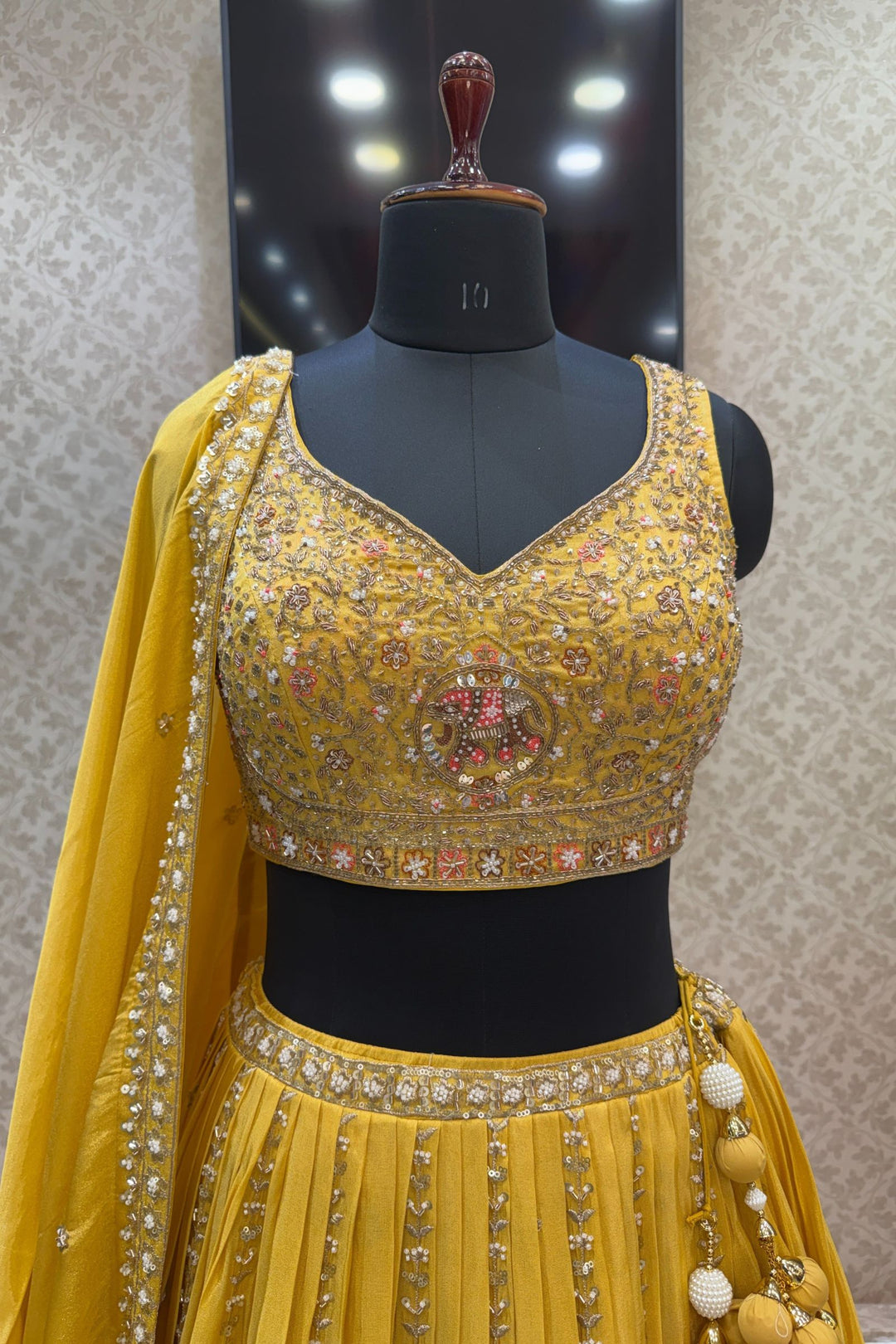 Yellow Zardozi, Beads, Thread, Sequins and Zari work Crop Top Lehenga
