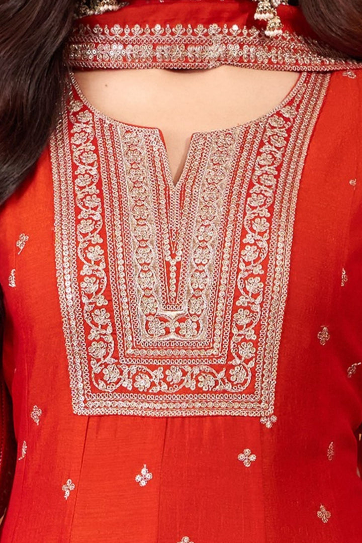 Orange Sequins and Zari work Anarkali Style Salwar