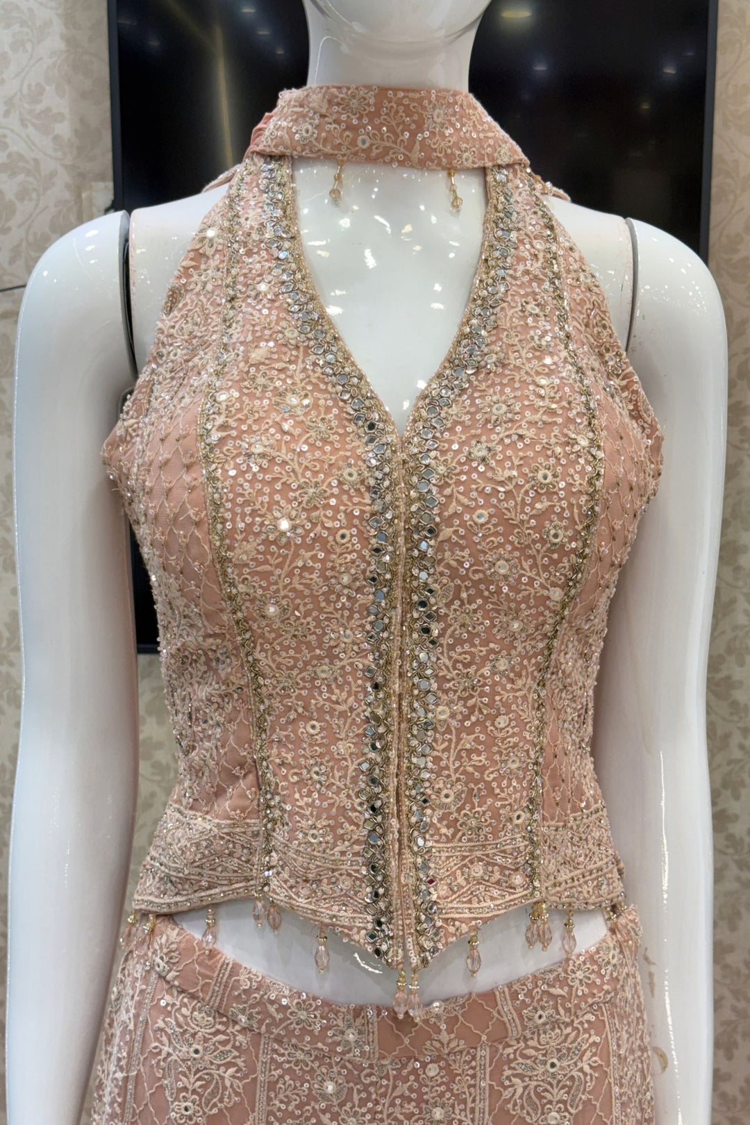 Peach Halter Neck Palazzo Set with Chikankari, Beads, Sequins, Mirror and Stone Detailing