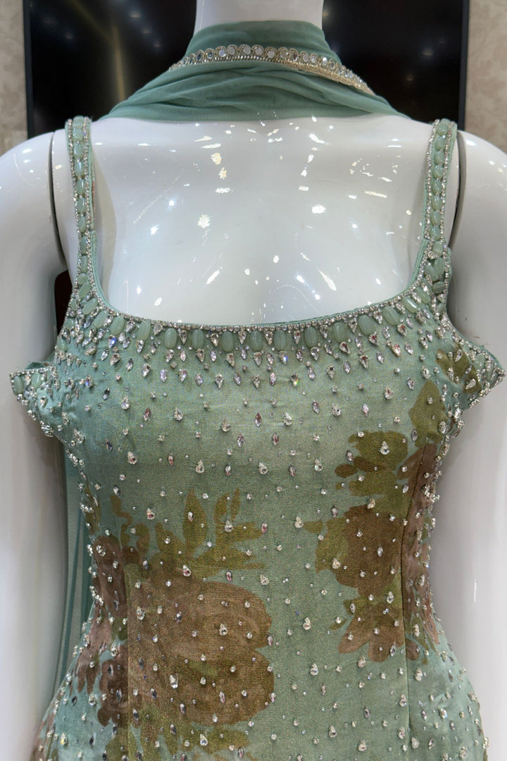 Sea Green Floral Print Top and Flared Palazzo Set with Kundan and Beads work