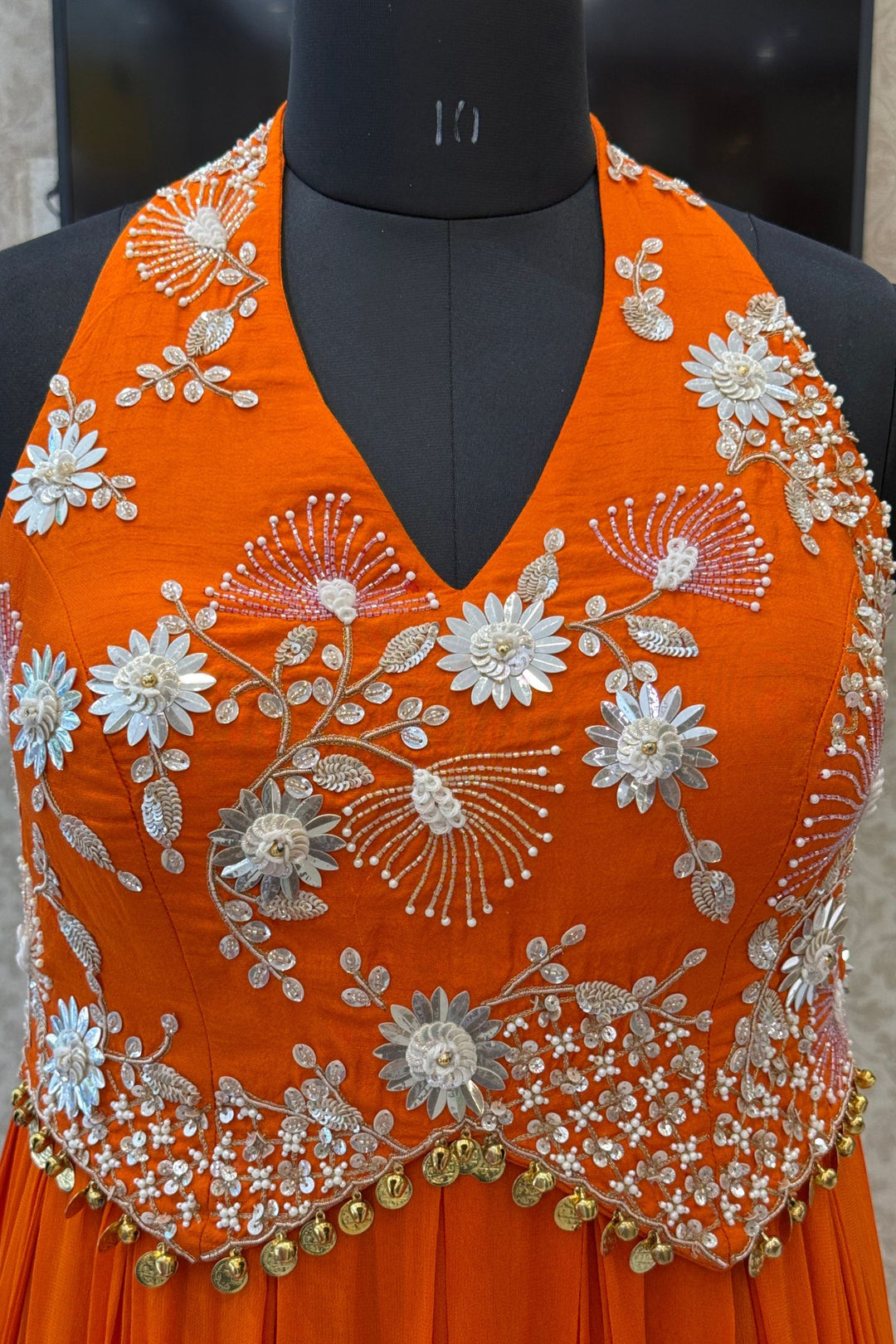 Orange Beads and Zari work Halter Neck Floor Length Anarkali Suit