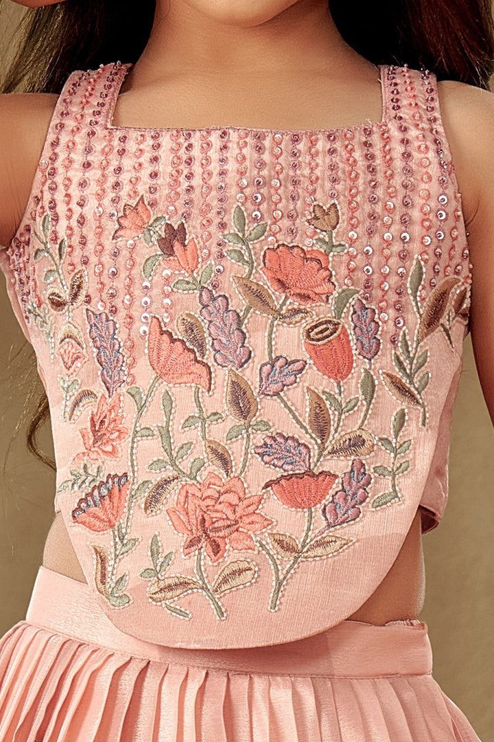 Light Peach Multicolor Embroidery work with Digital Print Lehenga Choli for Girls