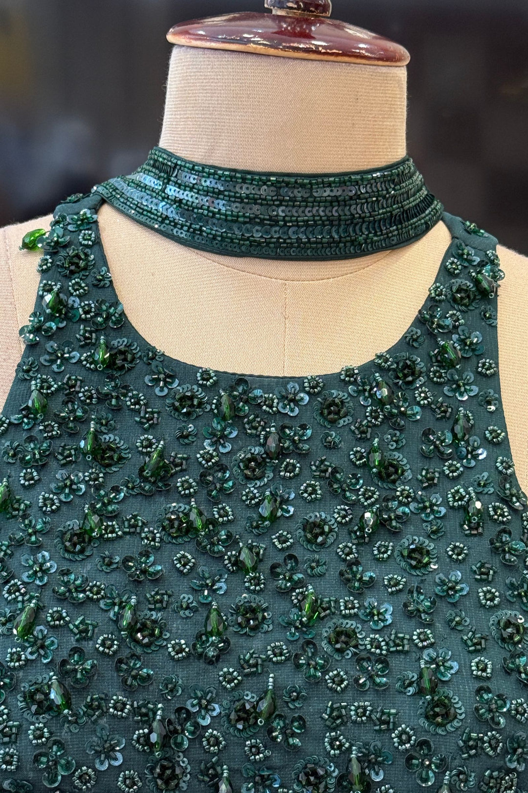 Bottle Green Beads and Sequins work Crop Top Lehenga