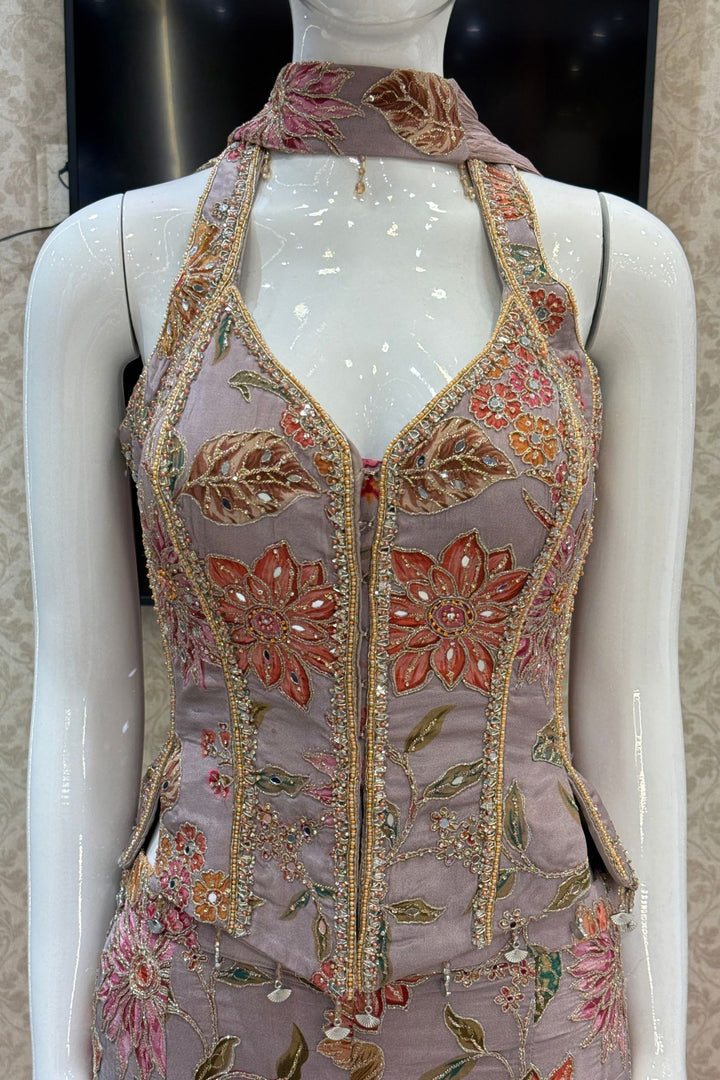 Lilac Halter Neck Palazzo Set with Zardozi, Zari, Beads, Sequins, Stone and Mirror Detailing