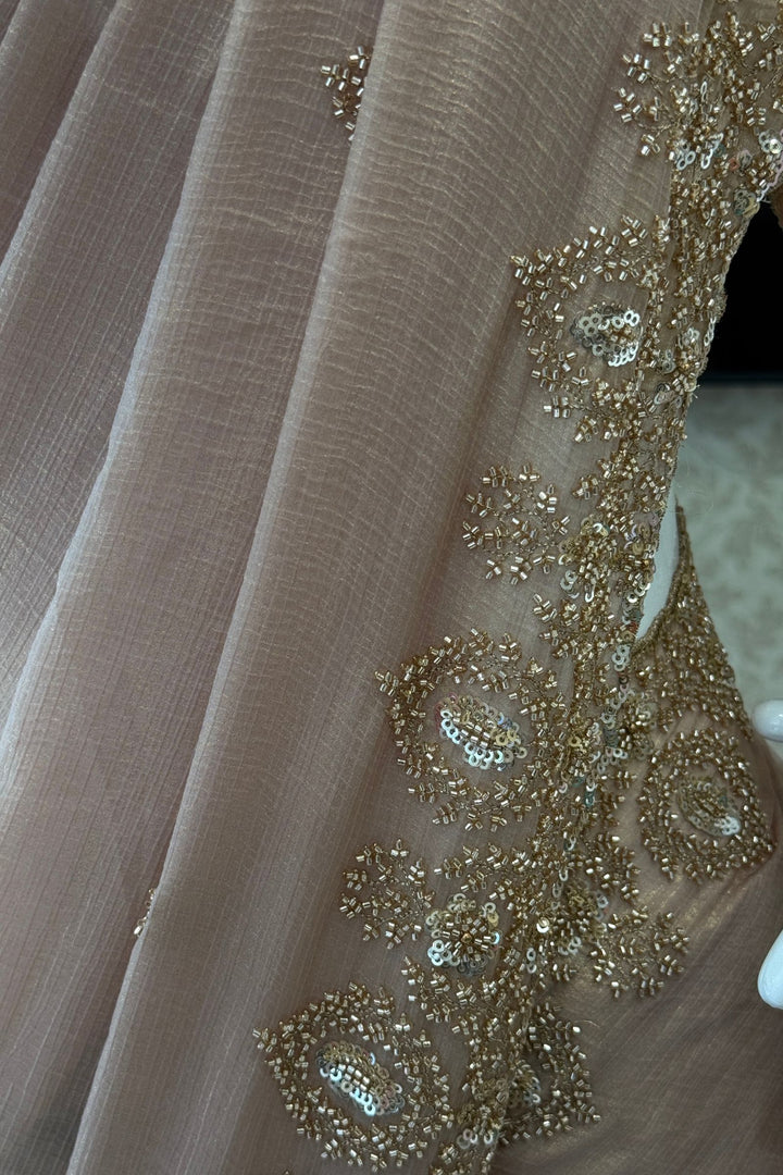 Chiku Beads, Zari and Sequins work Saree