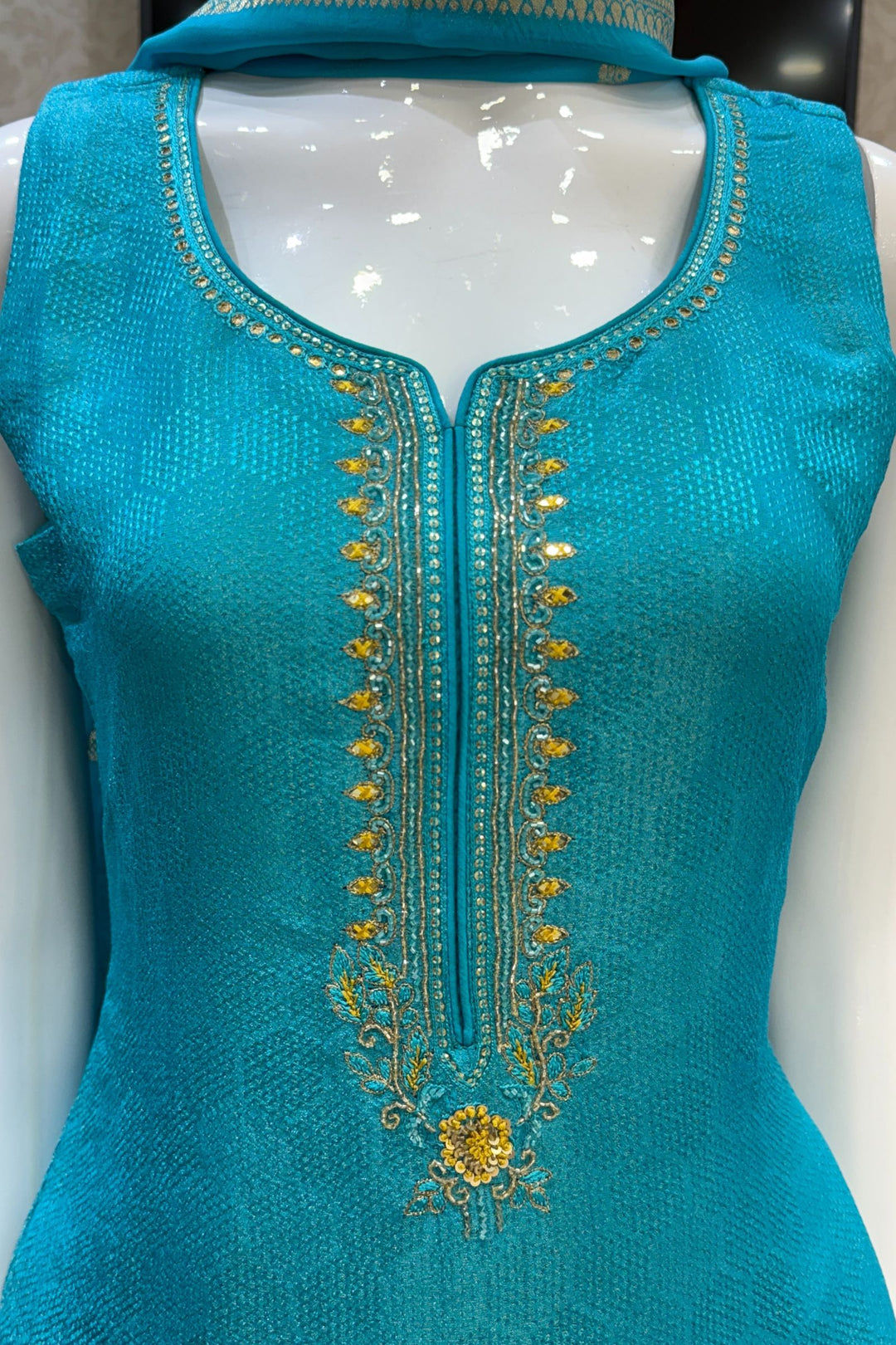 Rama Blue Thread, Sequins, Beads and Mirror work Straight Cut Salwar Suit