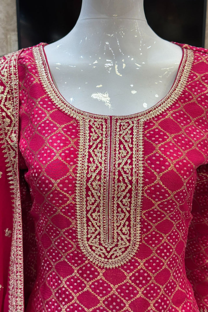 Rani Pink Banaras, Sequins and Zari work with Bandini Print Straight Cut Salwar Suit