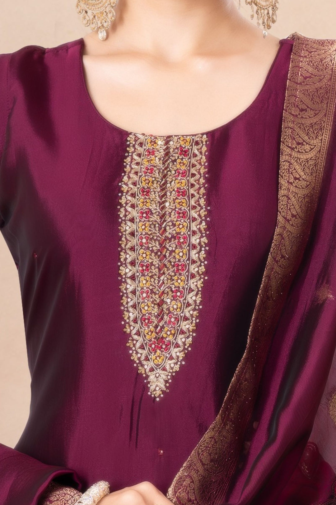 Wine Zardozi, Stone, Thread, Sequins and Banaras work Straight Cut Salwar Suit