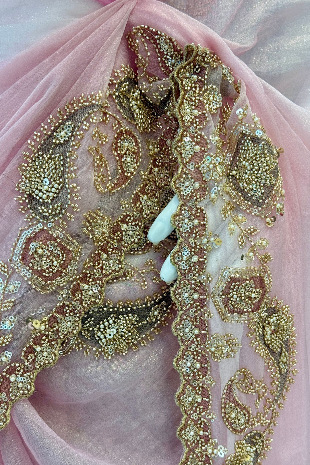 Pink Saree with Intricate Zari, Sequin and Beaded Embroidered Border