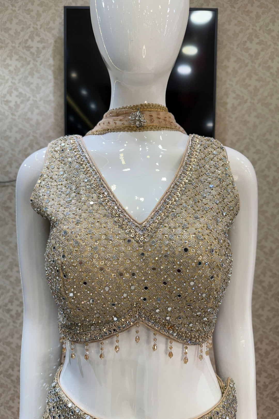 Beige with Maroon Sequins, Zardozi, Beads and Stone work Crop Top with Palazzo Pant