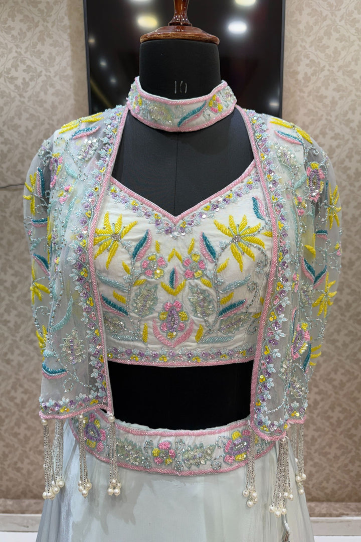 Sea Blue Beads, Sequins and Stone work with Poncho Crop Top Lehenga