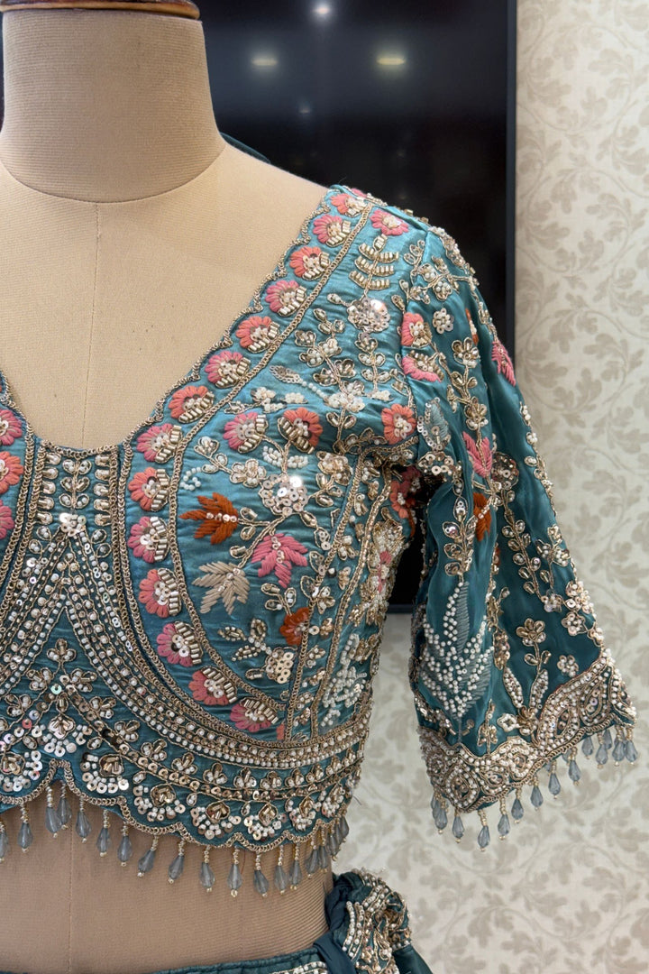 Bridal Organza Lehenga with Hand-Embroidered Birds and Floral Forest Motifs