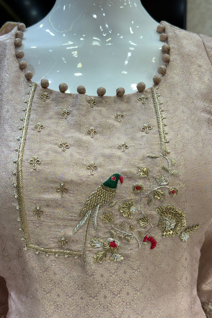 Onion Pink Brocade, Zardozi, Sequins and Thread work Palazzo Salwar Suit