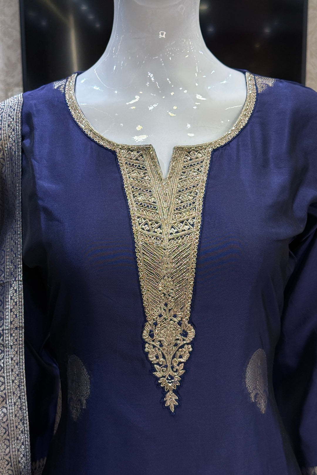 Royal Blue Banaras, Zardozi, Sequins, Beads and Zari work Straight Cut Salwar Suit