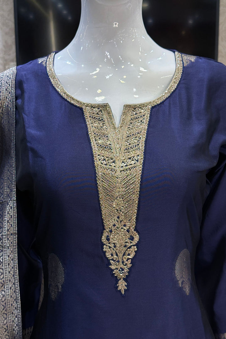 Royal Blue Banaras, Zardozi, Sequins, Beads and Zari work Straight Cut Salwar Suit