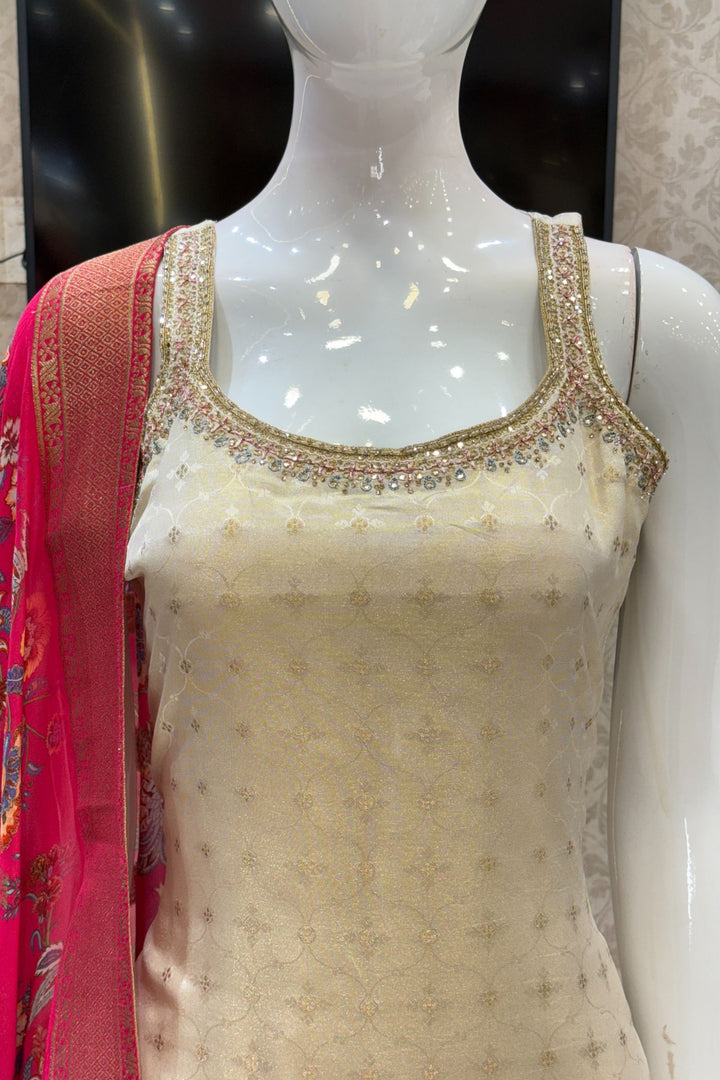 Cream Stone, Zardozi, Beads and Banaras work Straight Cut Salwar Suit