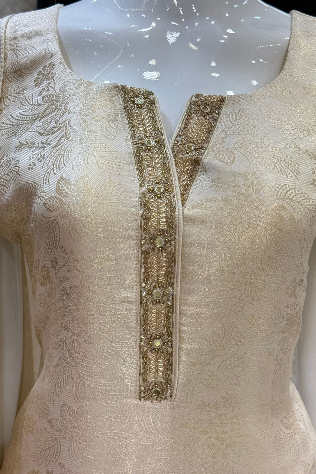 Cream Brocade, Beads, Sequins, Zardozi and Mirror work Straight Cut Salwar Suit