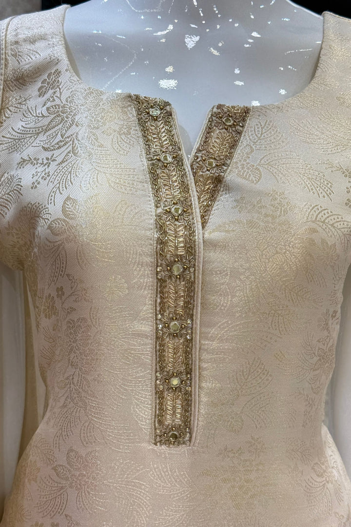 Cream Brocade, Beads, Sequins, Zardozi and Mirror work Straight Cut Salwar Suit