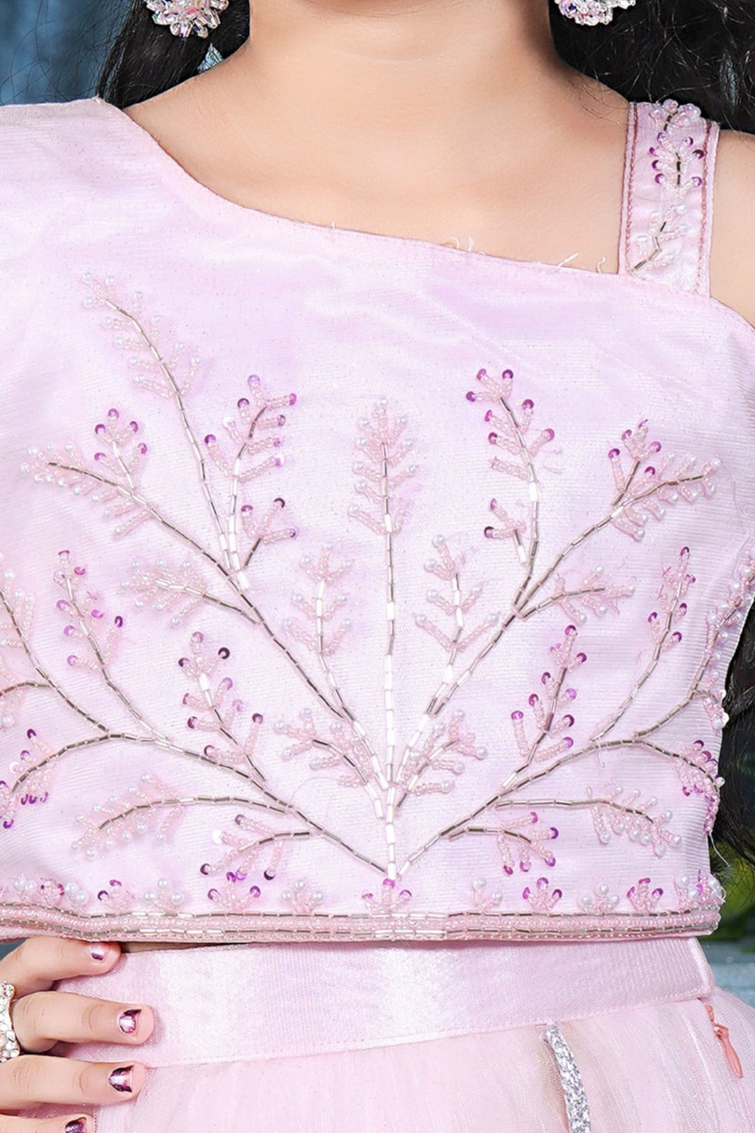 Baby Pink Sequins, Beads and Glitter work Lehenga Choli for Girls