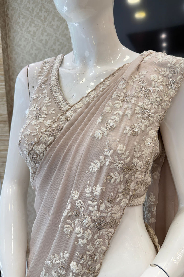 Beige Thread, Zari and Sequins work Saree