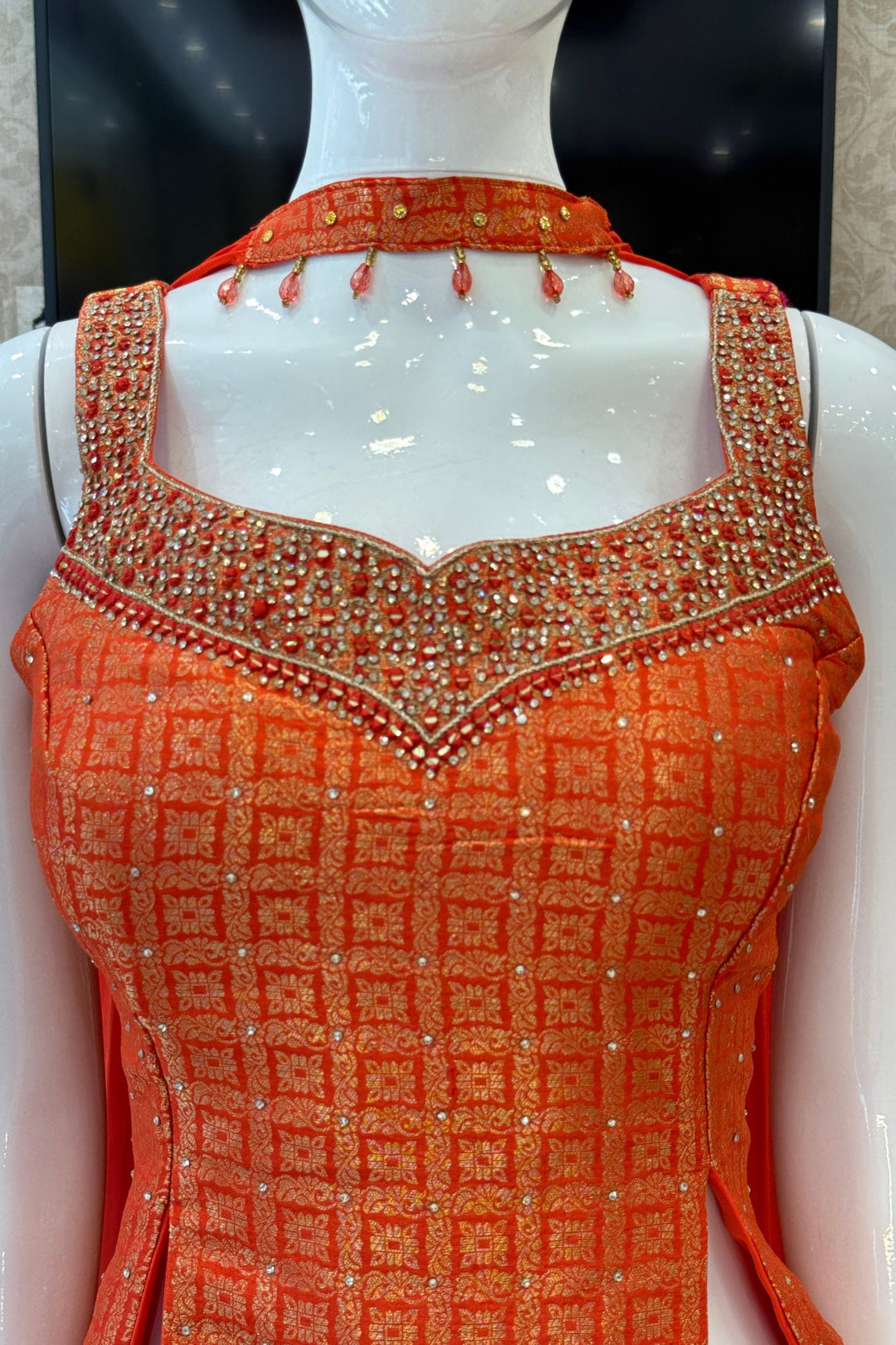 Orange Banaras, Stone, Mirror and Beads work Palazzo Suit Set