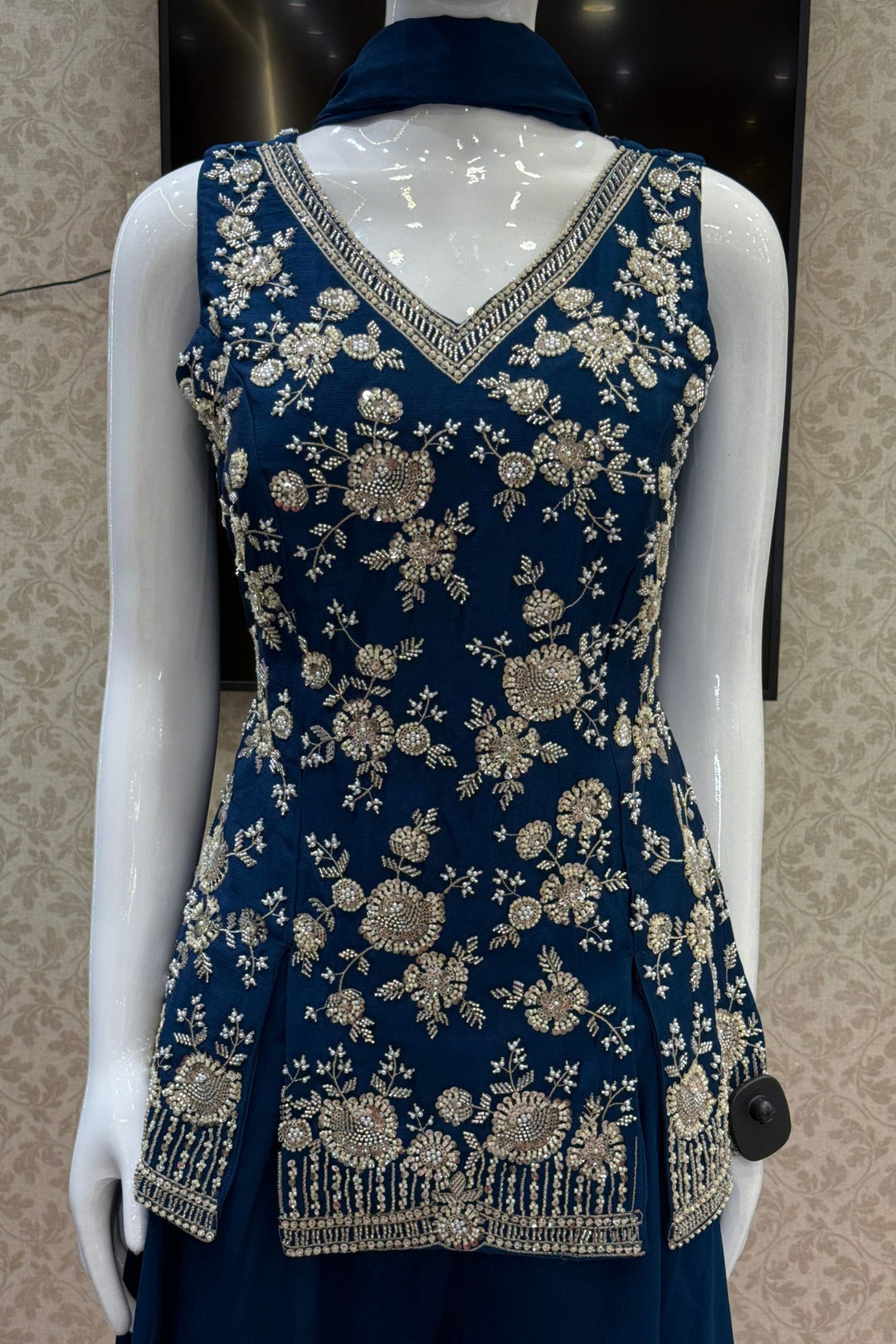 Peacock Blue Beads, Zari and Sequins work Palazzo Salwar Suit