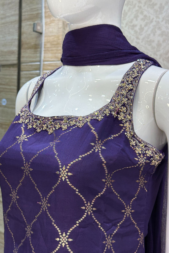 Purple Banaras, Mirror, Zardozi, Zari and Stone work Straight Cut Salwar Suit