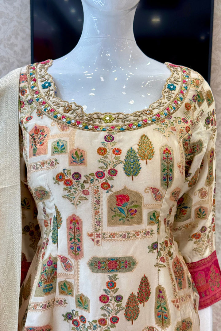 Beige Beads, Mirror, Zardozi and Banaras work Palazzo Salwar Suit