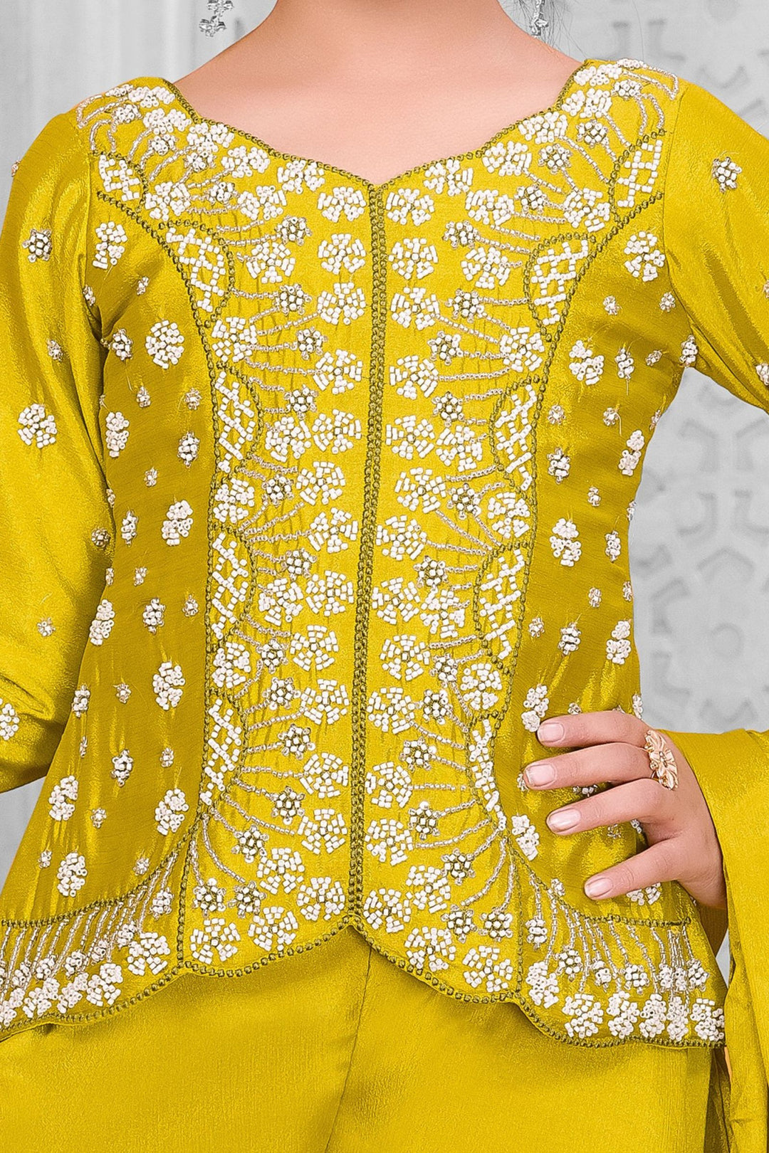 Liril Green Beads work Palazzo Suit Set for Girls