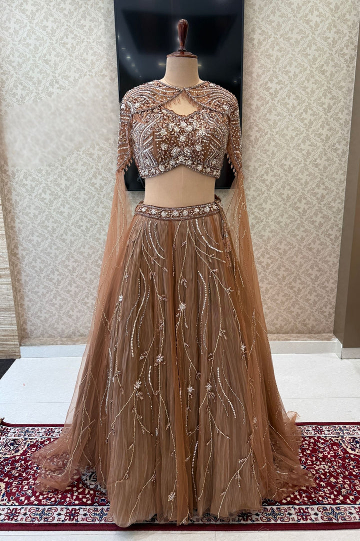 Designer Copper Brown Lehenga with Intricate Beads, Stone and Sequins work