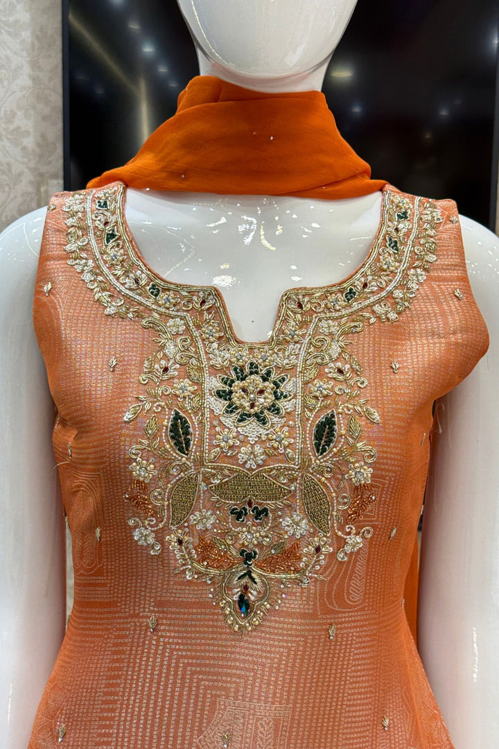 Orange Zardozi, Stone, Sequins, Beads and Thread work Palazzo Salwar Suit
