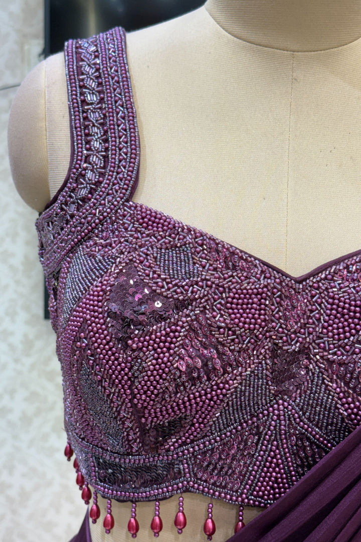 Wine Readymade Saree with Beads, Sequins and Pearl work Readymade Blouse