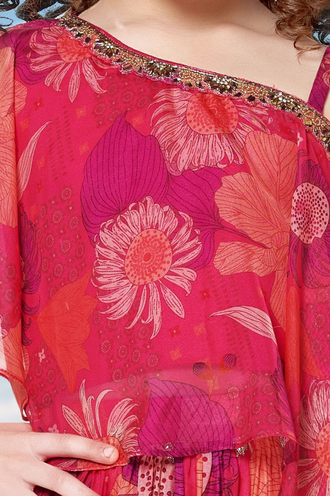 Rani Pink Sequins, Zari, Mirror and Beads work Poncho Styled Palazzo Set For Girls