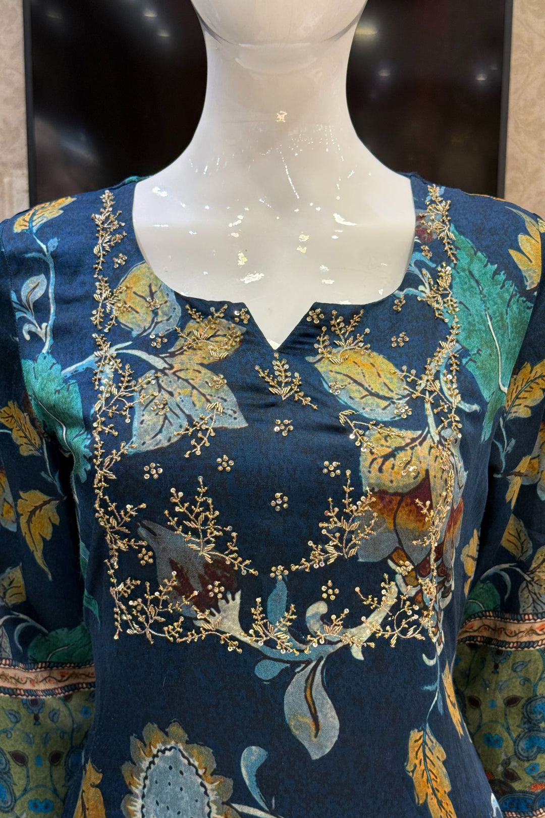 Peacock Blue Sequins, Zardozi and Beads work with Digital Print Straight Cut Salwar Suit