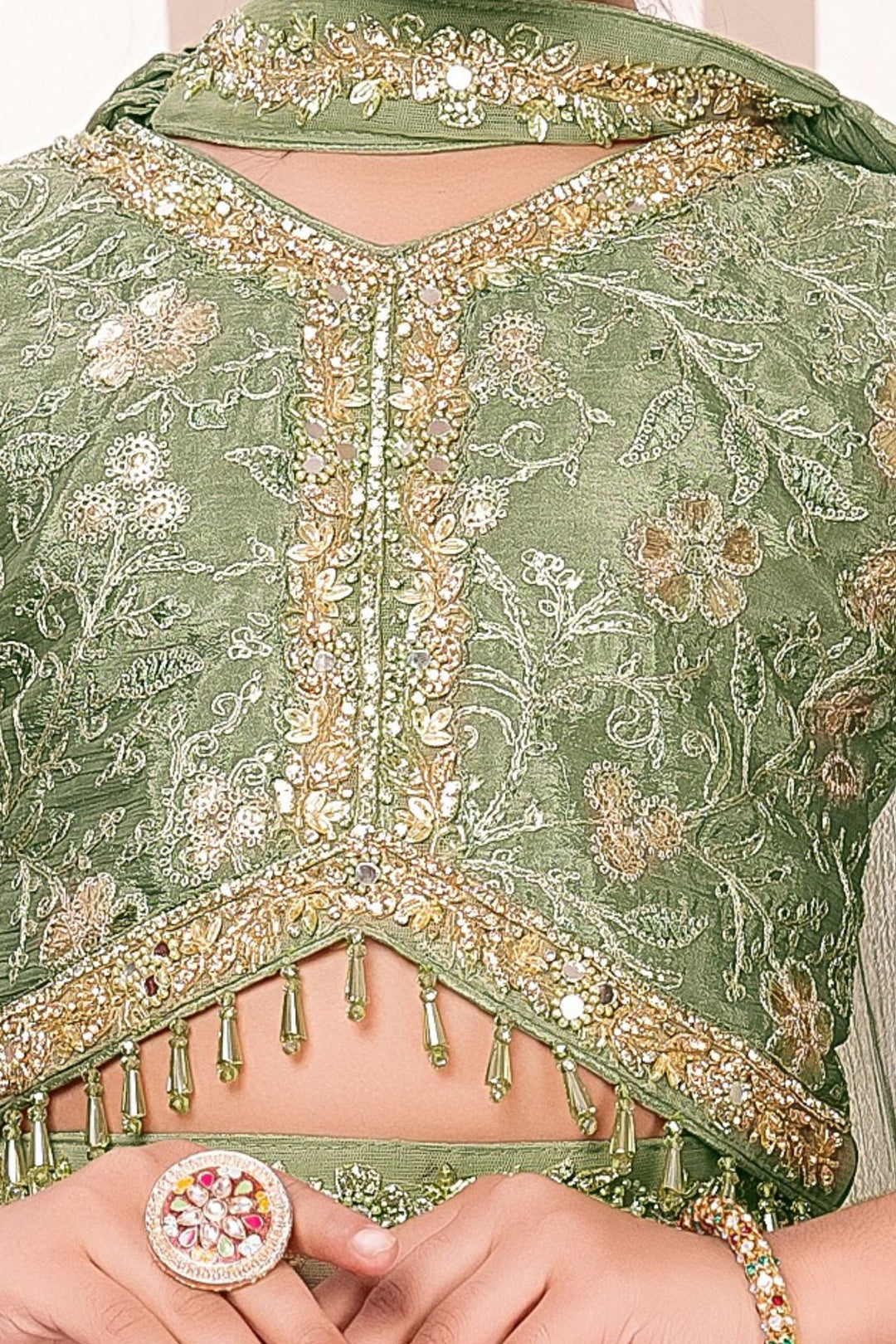 Light Olive Green Beads, Zari, Sequins, Mirror and Stone work Choli and Palazzo Set for Girls