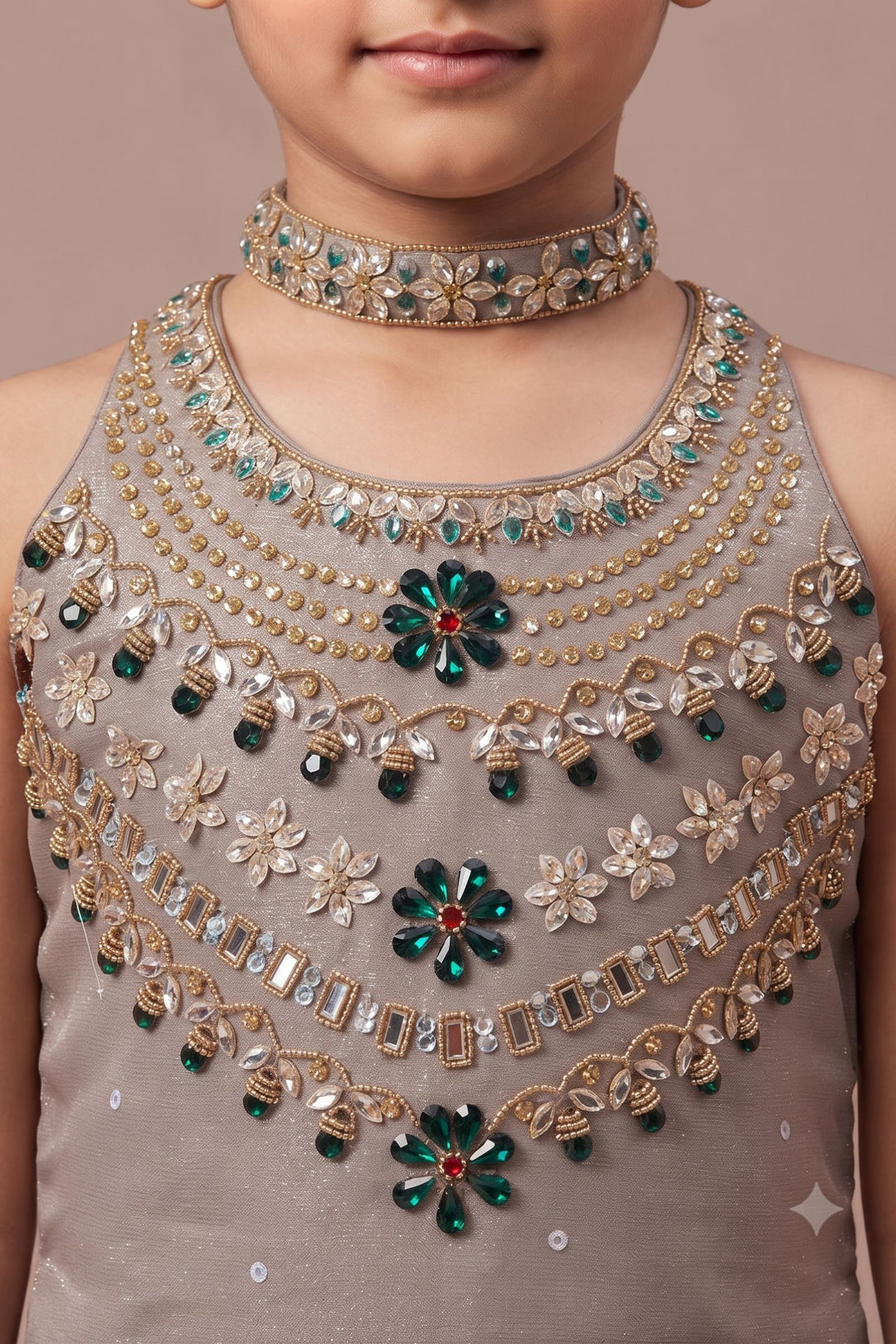 Grey Stone, Beads and Sequins work Palazzo Suit Set for Girls