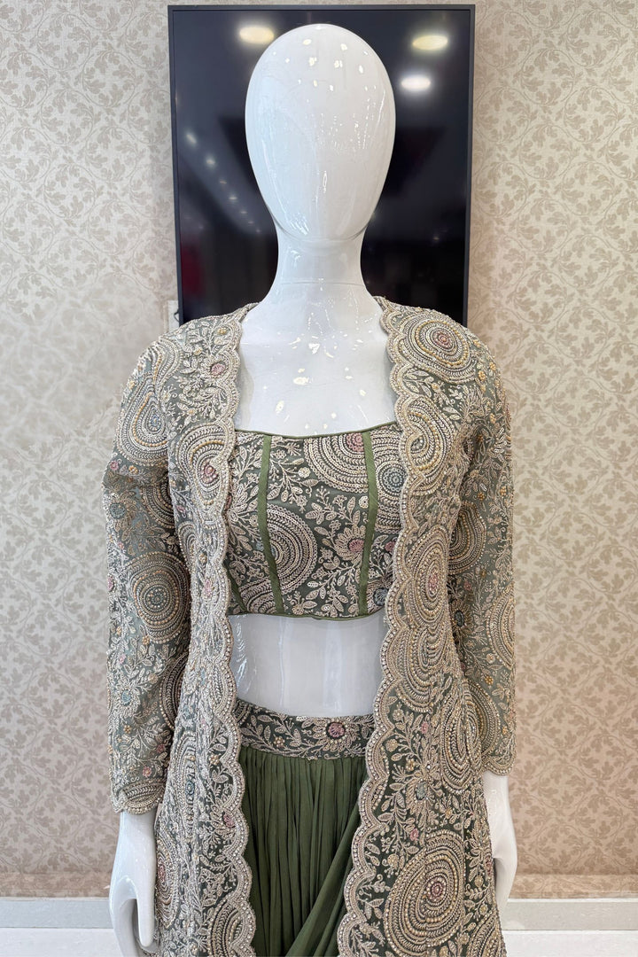 Olive Green Drape Style Lehenga with Sequins, Stone and Zari work Long Overcoat