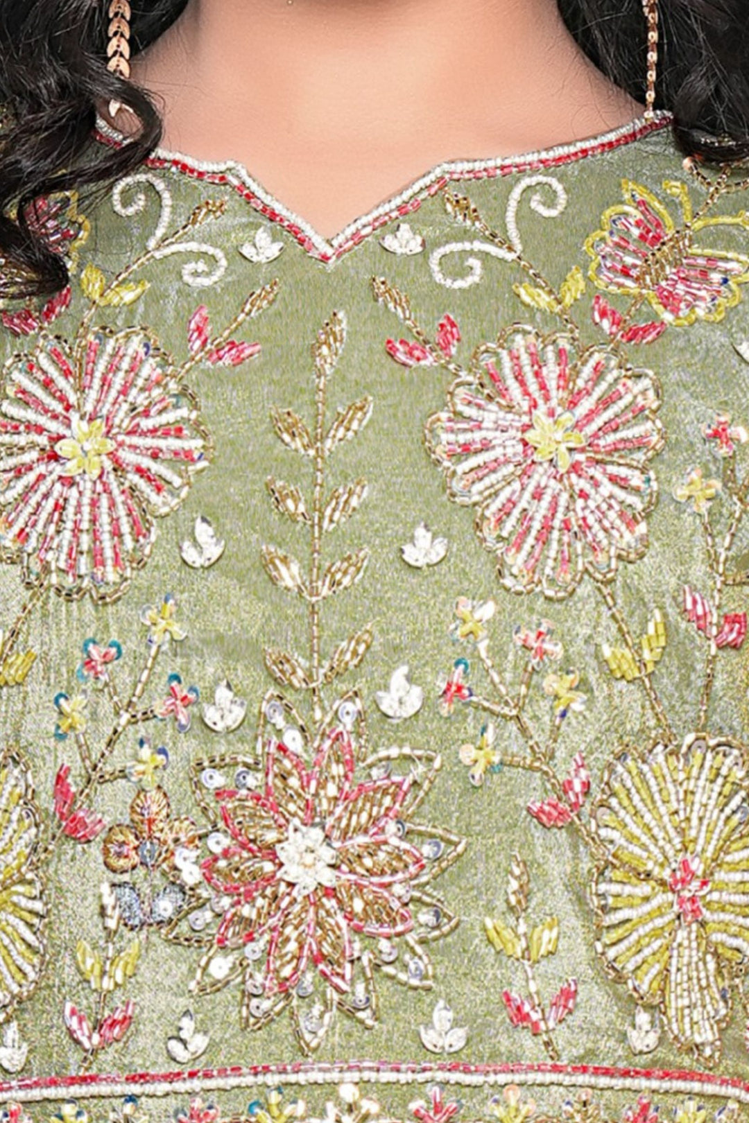 Green Beads, Sequins and Multicolor Thread work Lehenga Choli for Girls