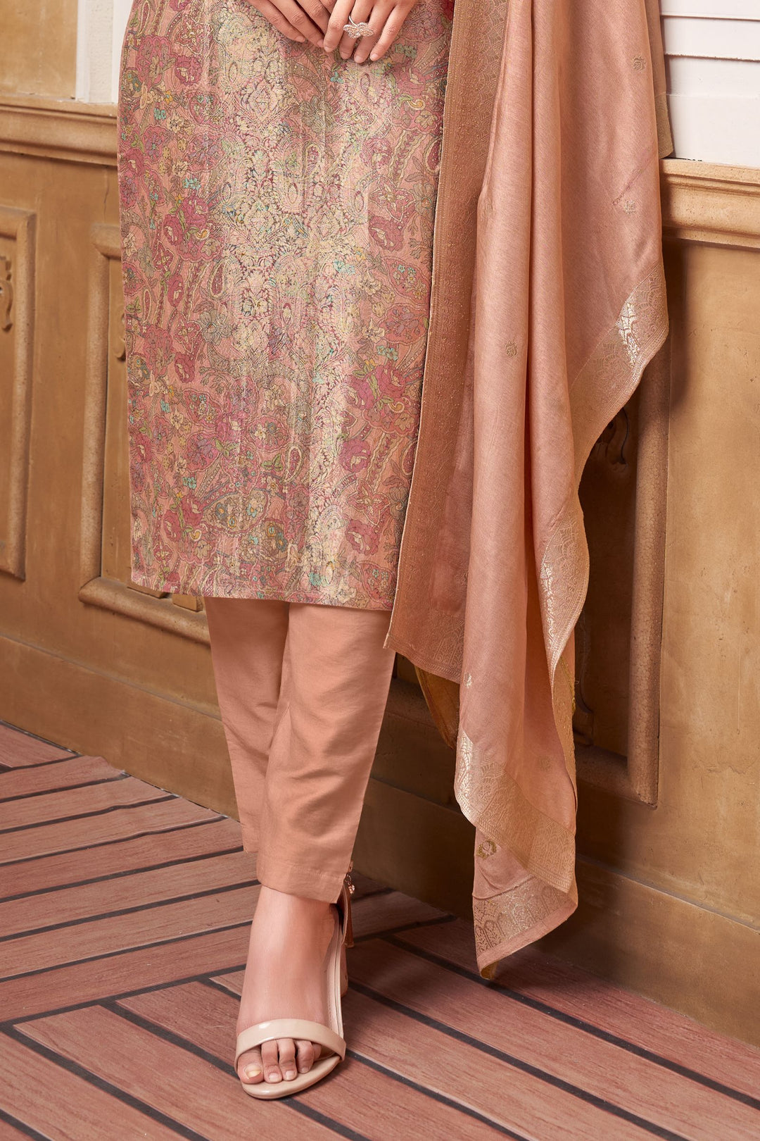 Light Peach Banaras, Zardozi, Sequins, Thread, Stone and Zari work Straight Cut Salwar Suit